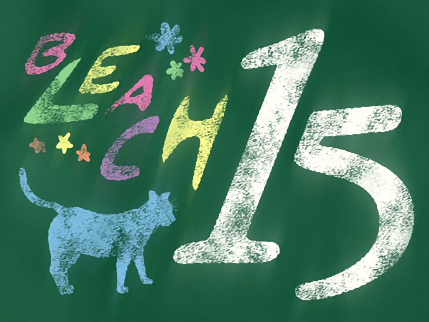 Chalkboard-style Bleach Episode 15 title card with colourful doodles and a blue cat.