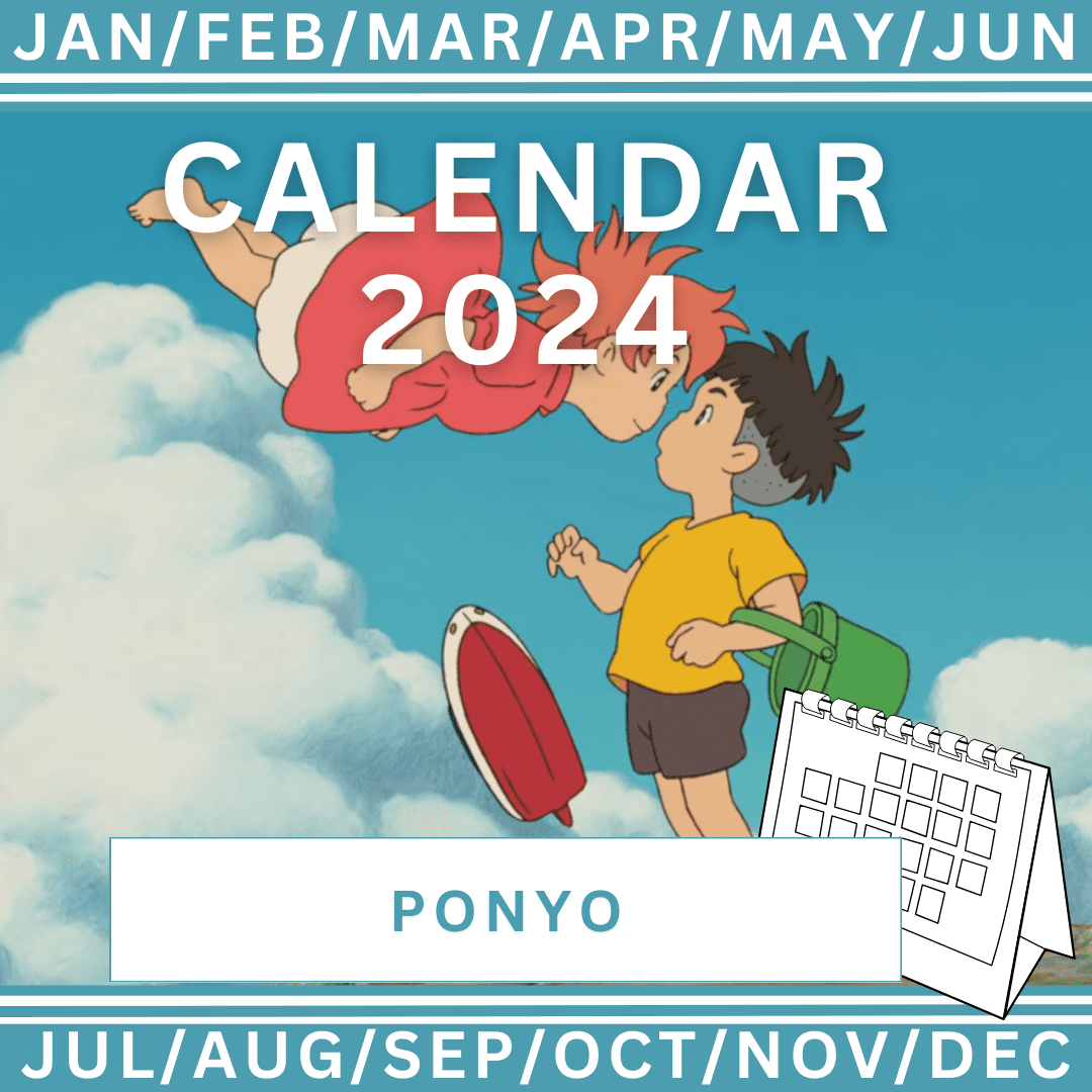 Free Ponyo 2024 Calendars 1 Ponyo and Sosuke, characters from the Studio Ghibli film Ponyo, featured in the Calendar 2024 header image for All About Anime and Manga’s blog.