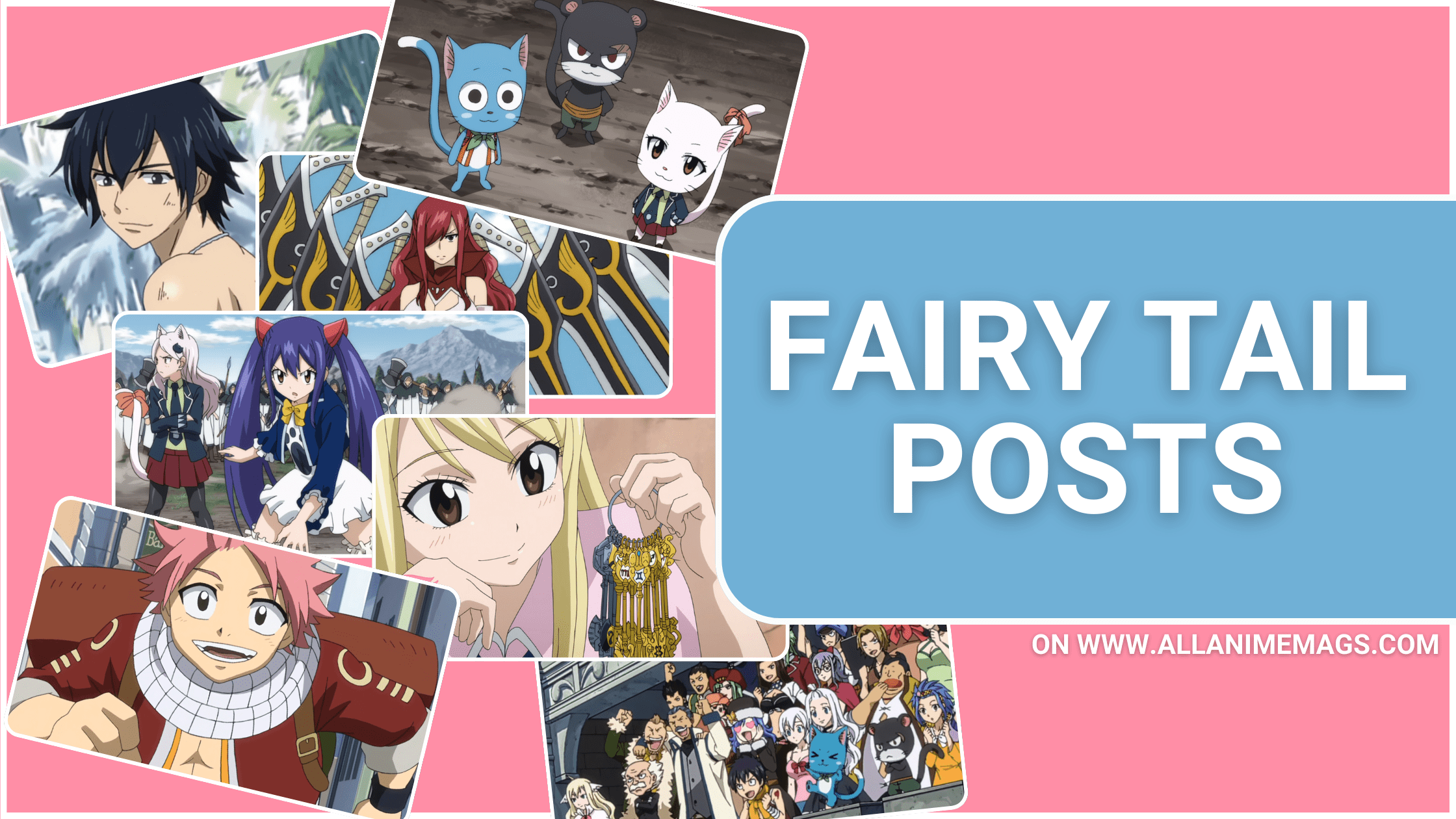 Collage of Fairy Tail anime characters including Natsu, Lucy, Erza, Gray, Wendy, Happy, Carla, and the full guild, with bold text reading "Fairy Tail Posts" and the URL www.allanimemags.com.