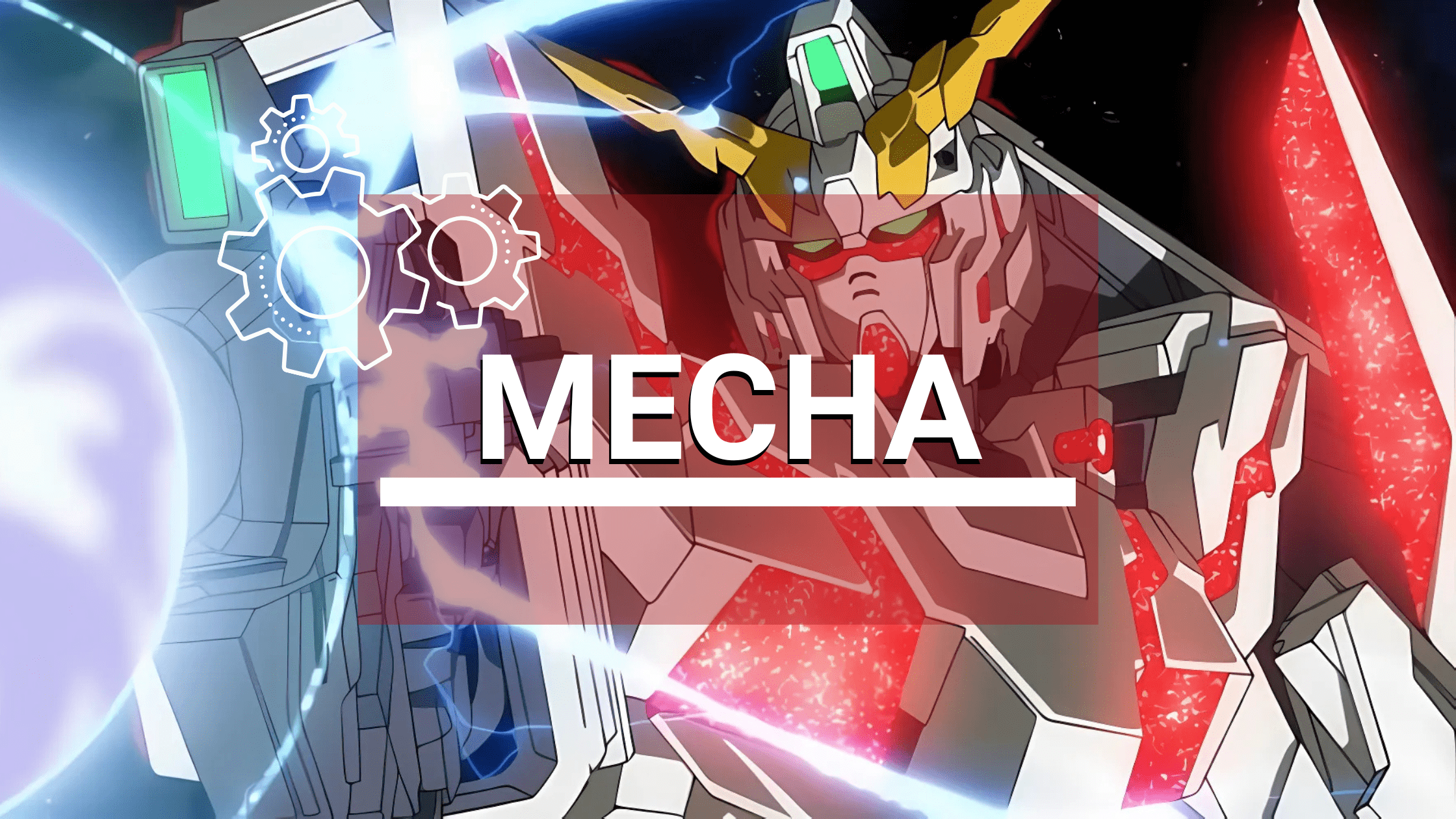 A stylised anime mecha robot with glowing red accents and golden V-shaped antennae, overlaid with the word “MECHA” in bold text and gear icons.