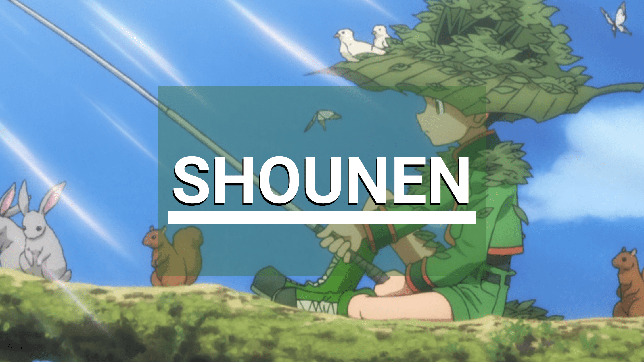 Anime boy in green fishing on a tree branch surrounded by animals with "SHOUNEN" text overlay