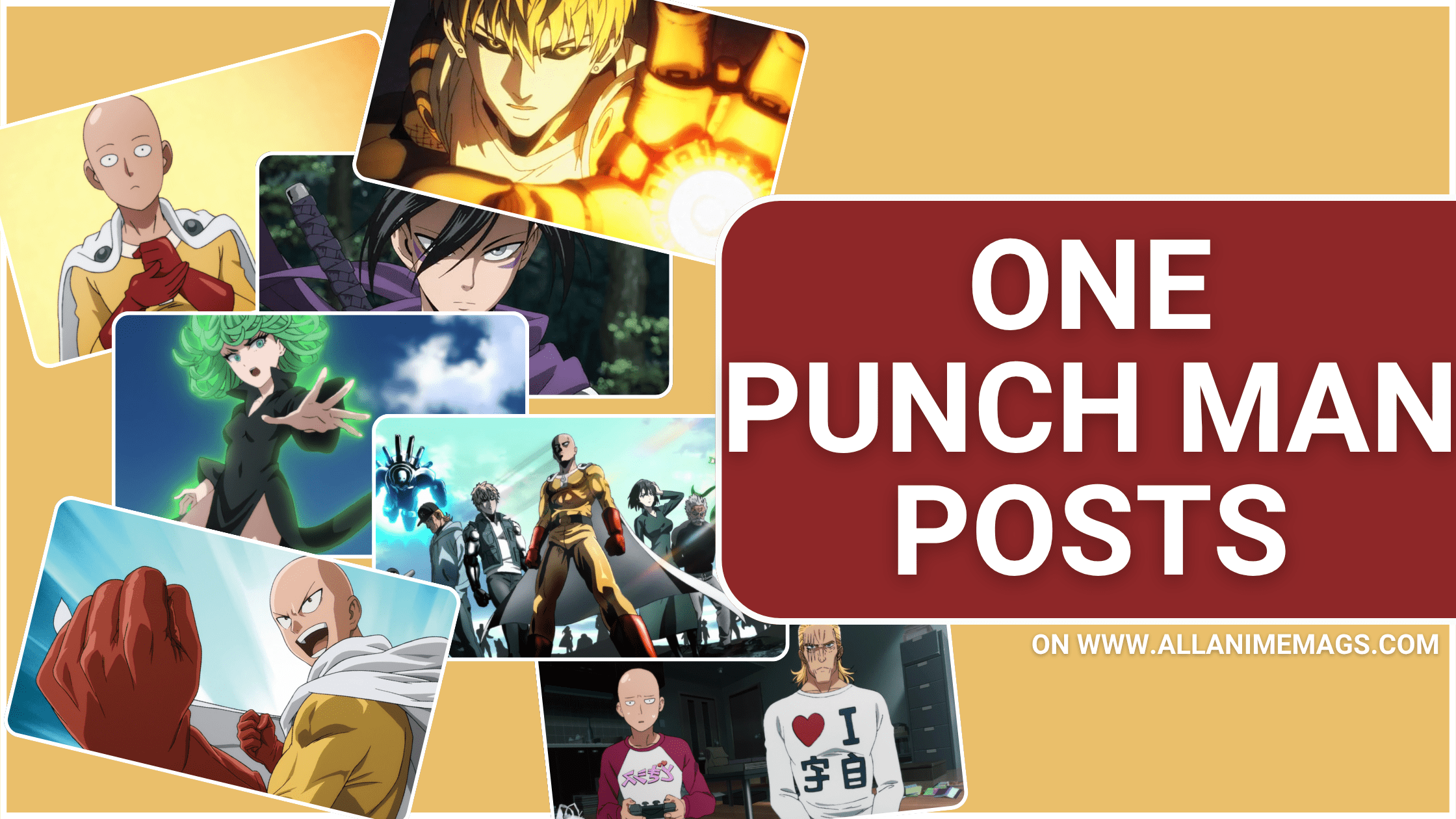 One Punch Man 1 Collage of One Punch Man characters including Saitama, Genos, Tatsumaki, Speed-o'-Sound Sonic, and the Hero Association, with title text ‘One Punch Man Posts’.