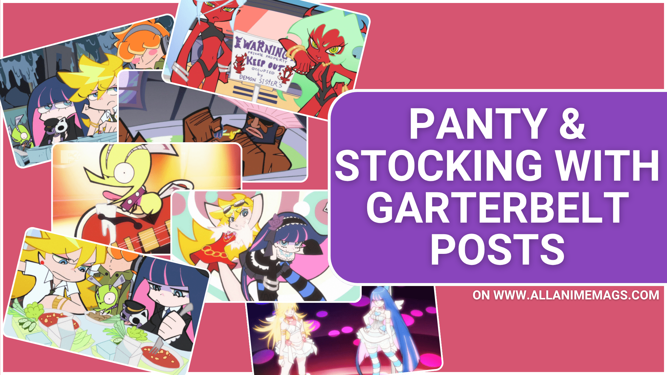 Collage of scenes from Panty & Stocking with Garterbelt featuring the Anarchy sisters, Garterbelt, the Demon Sisters, transformation sequences, and comedic moments, with bold title text.