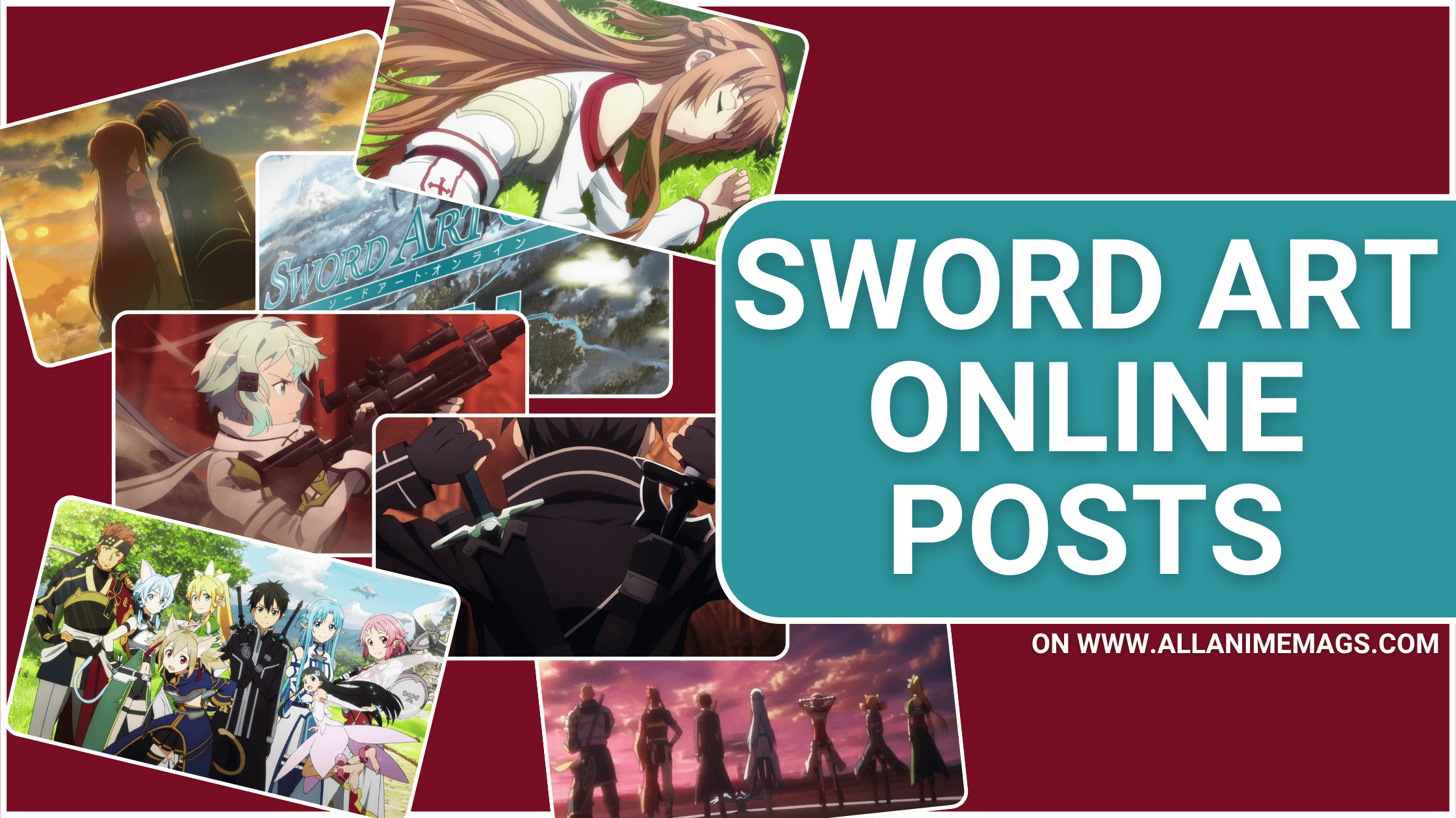 ollage of Sword Art Online scenes featuring Kirito, Asuna, Sinon, the SAO group, and moments from various arcs, with bold text reading ‘Sword Art Online Posts’