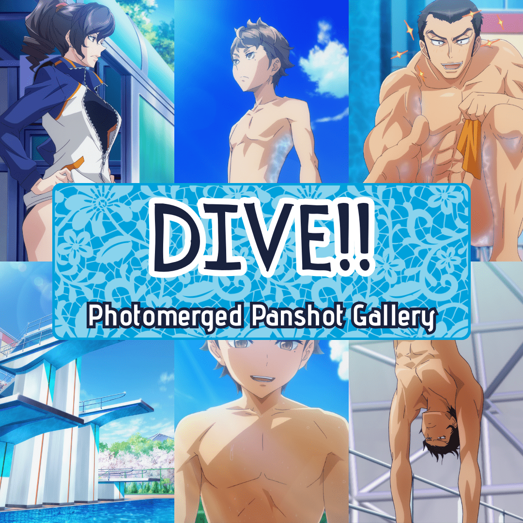 Photomerged Panshots: DIVE!! Gallery 1 Collage of DIVE!! anime characters Tomoki Sakai, Youichi Fujitani, Shibuki Okitsu, and coach Asaki with diving scenes.
