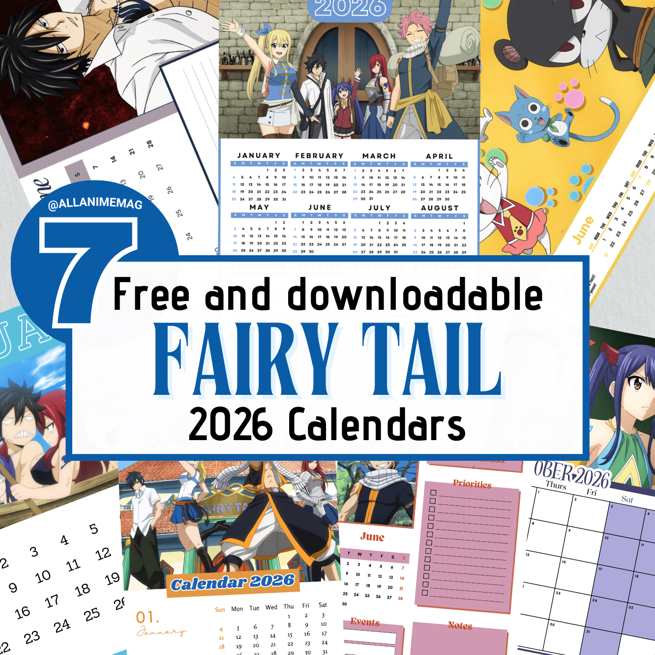 7 Free 2026 Anime Calendars: Fairy Tail 1 Free and downloadable Fairy Tail 2026 calendars promotional image showing seven different printable calendar styles, including year, wall, poster, diary, duo, timeless, and simple layouts, featuring Fairy Tail characters.